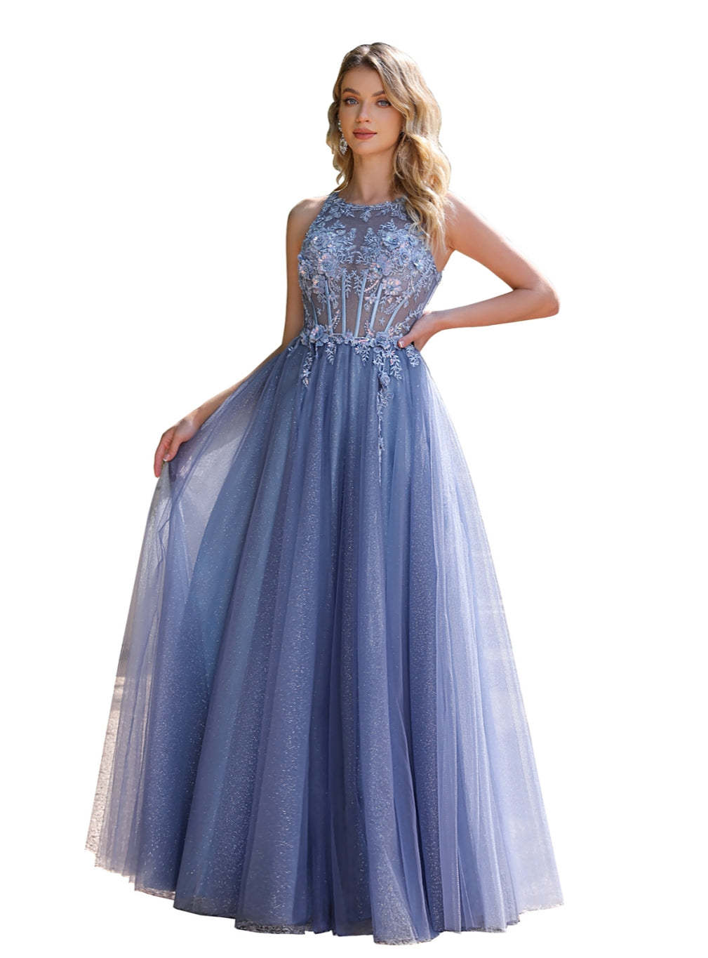 A-line Crew Neck Tulle Floor Length Dress with Appliques Dusty Blue-BMbridal