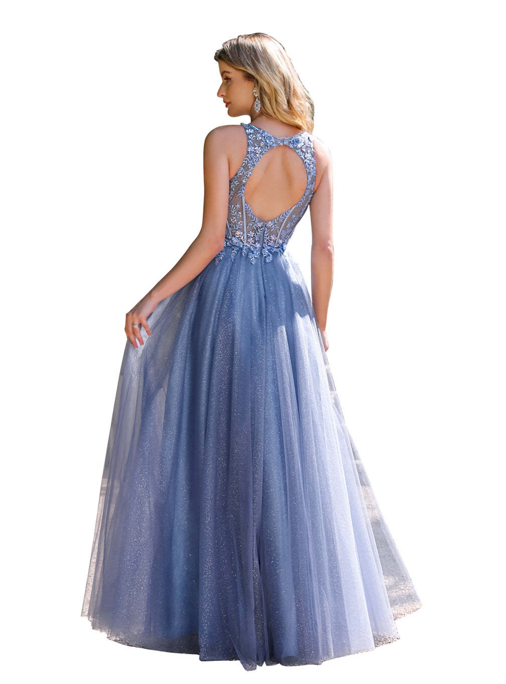 A-line Crew Neck Tulle Floor Length Dress with Appliques Dusty Blue-BMbridal