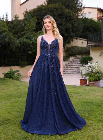 A-line V-Neck Glitter Beadings Floor Length Dress with Appliques Navy-BMbridal