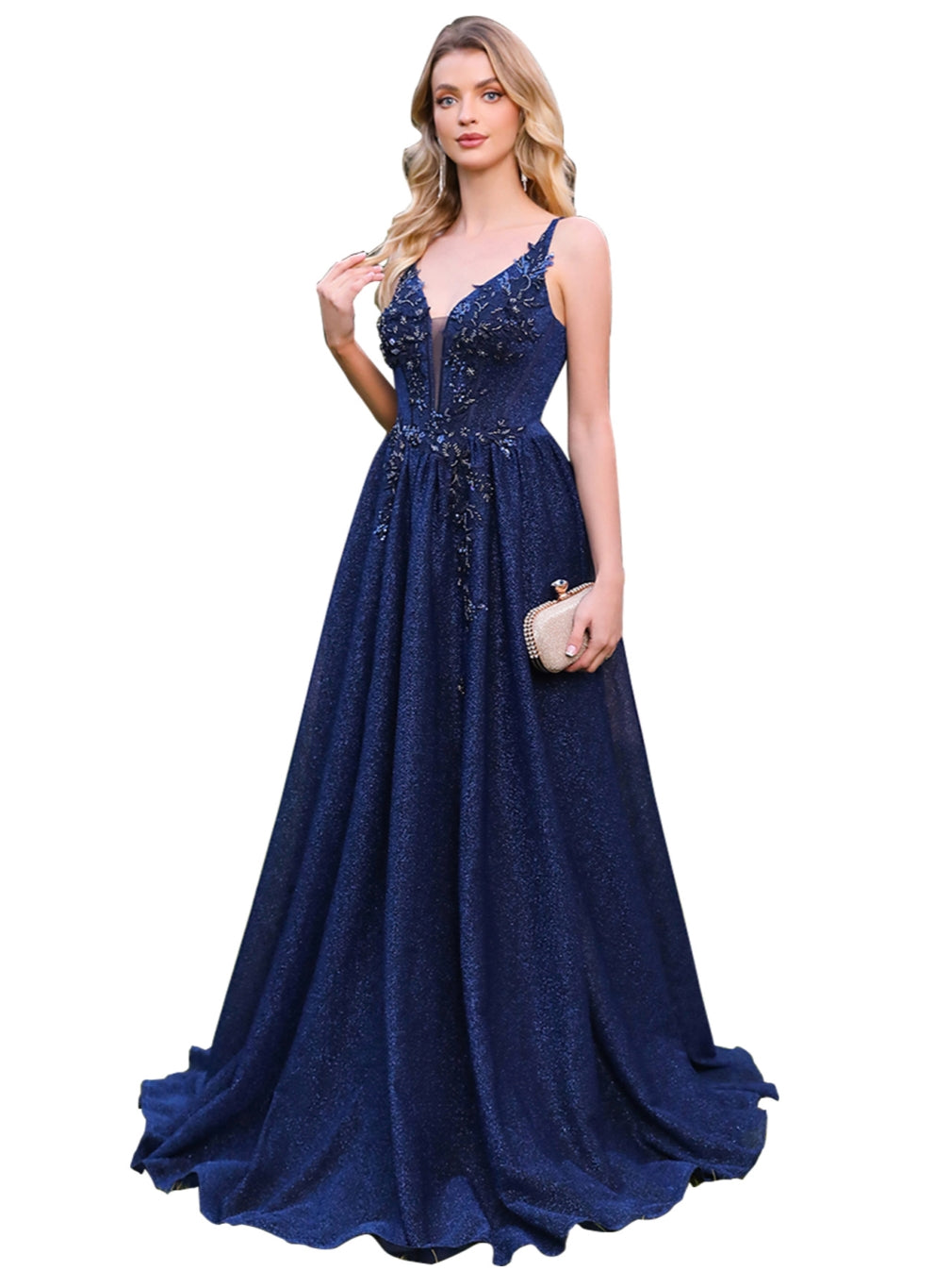 A-line V-Neck Glitter Beadings Floor Length Dress with Appliques Navy-BMbridal