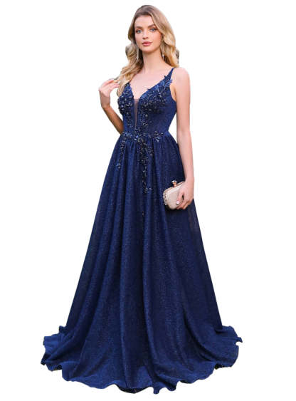 A-line V-Neck Glitter Beadings Floor Length Dress with Appliques Navy-BMbridal