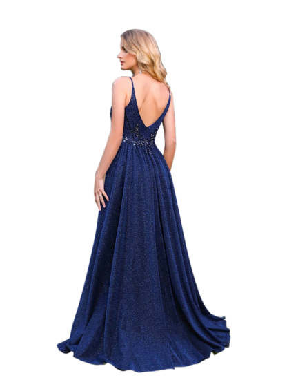 A-line V-Neck Glitter Beadings Floor Length Dress with Appliques Navy-BMbridal