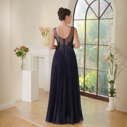 Navy Blue Sequin Prom Dress: Sparkly Mesh Top & Flowy Chiffon Skirt – Senior Ball Elegance