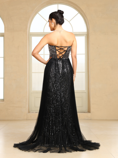 BMbridal Sparkling Strapless Mermaid Gown with High - Slit and Tulle Train: A Showstopper for Special Occasions