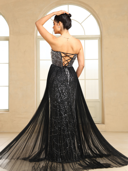 BMbridal Sparkling Strapless Mermaid Gown with High - Slit and Tulle Train: A Showstopper for Special Occasions