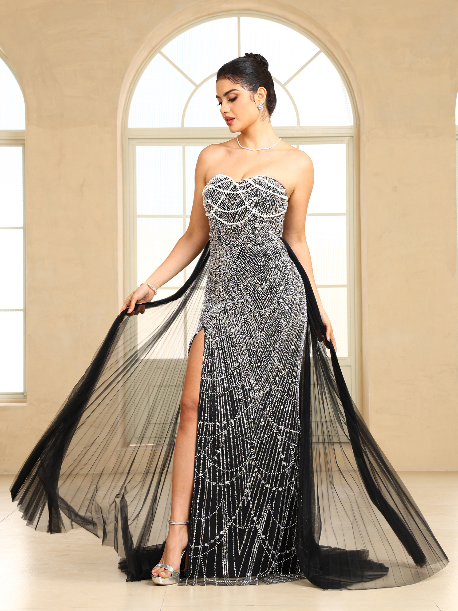 BMbridal Sparkling Strapless Mermaid Gown with High - Slit and Tulle Train: A Showstopper for Special Occasions-BMbridal