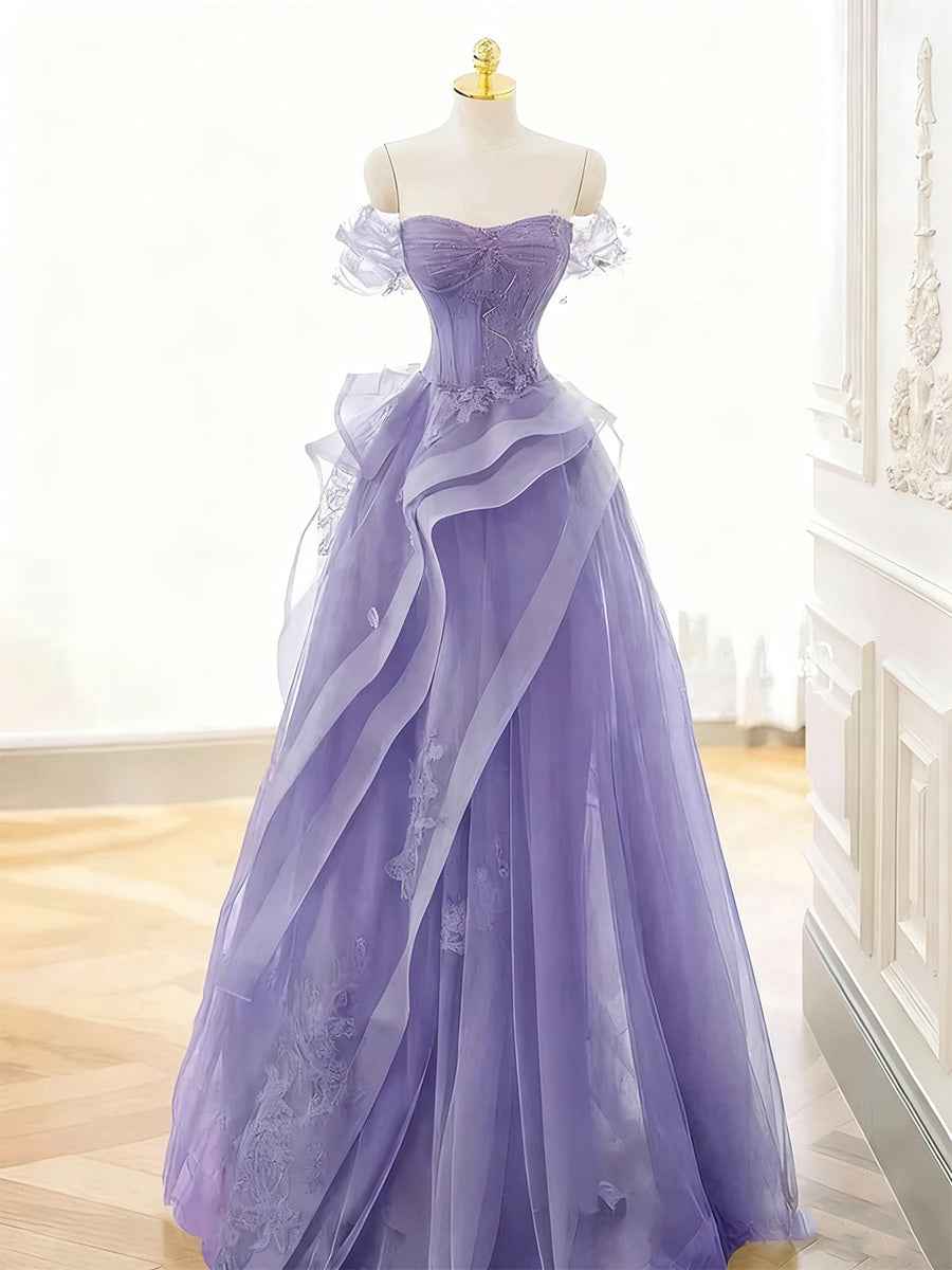 A Line Off-the-Shoulder Appliques Lace Tulle Long Corset Prom Dress