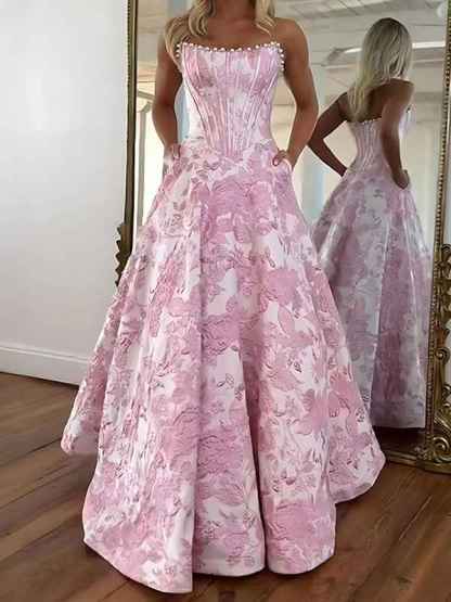A Line Prom Dresses 3D Floral Strapless Evening Party Dresses with Bead