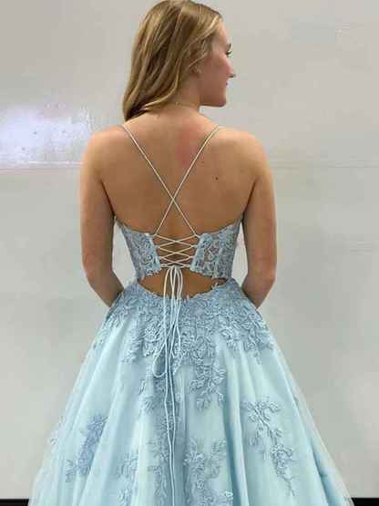 A Line Spaghetti Straps Corset Back Long Prom Dress With Appliques