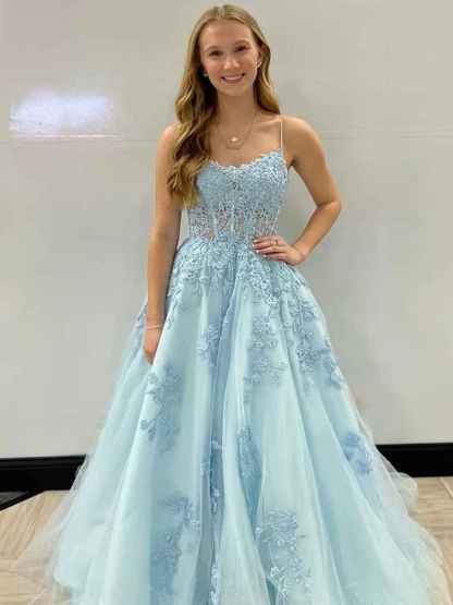 A Line Spaghetti Straps Corset Back Long Prom Dress With Appliques