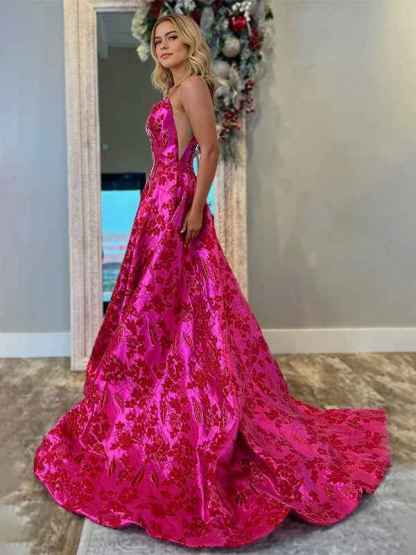 A Line Strapless Jacquard Satin Long Prom Dress with Pockets