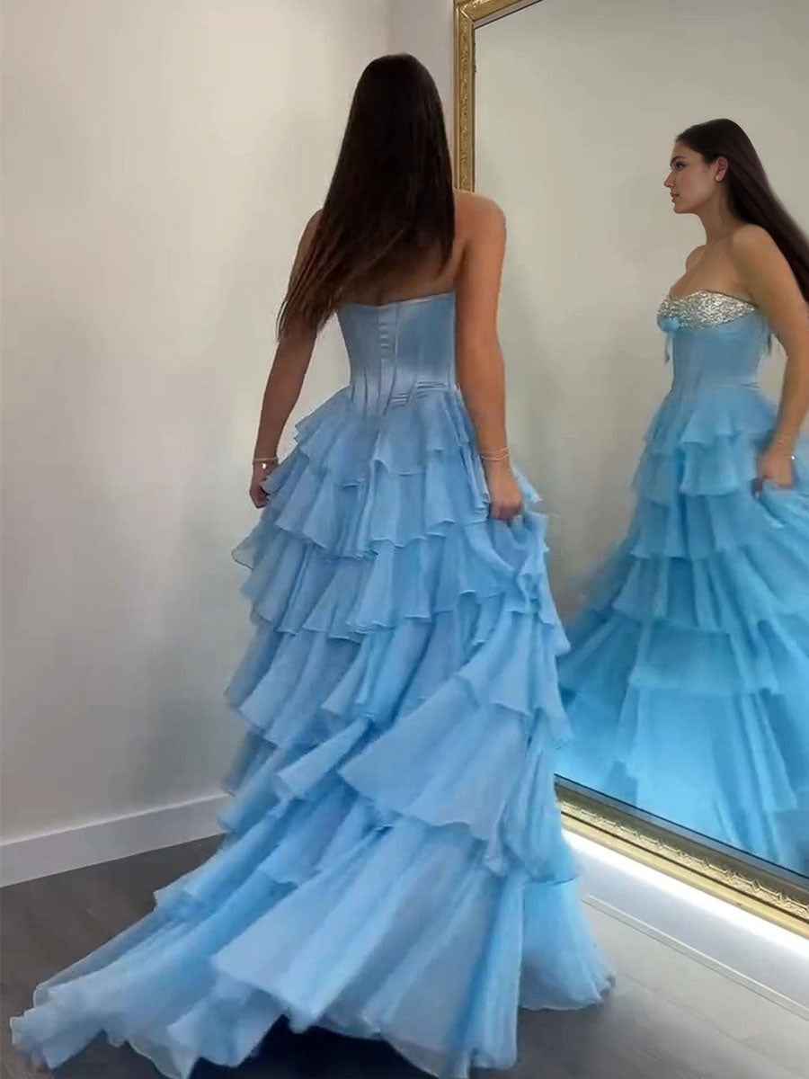 A Line Sweetheart Tiered Chiffon Long Prom Dress with Beading