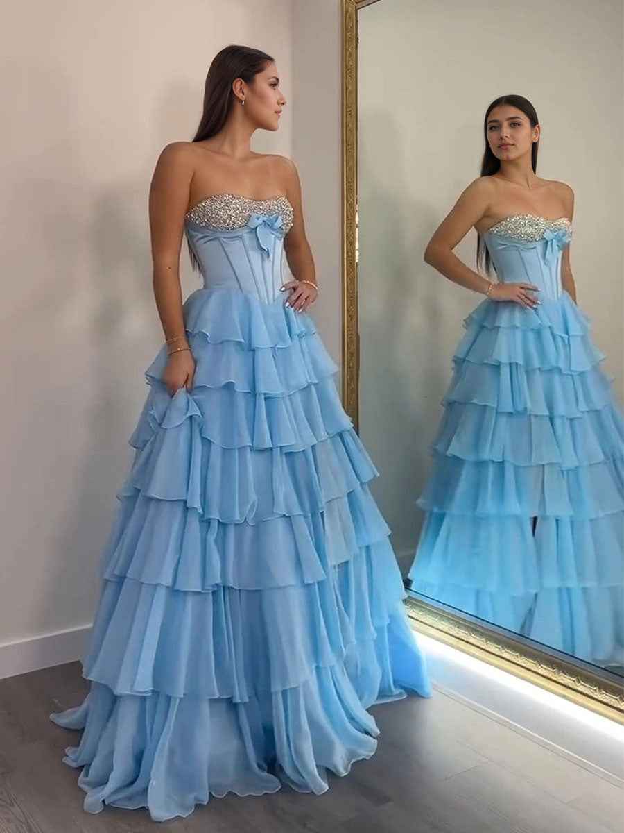 A Line Sweetheart Tiered Chiffon Long Prom Dress with Beading