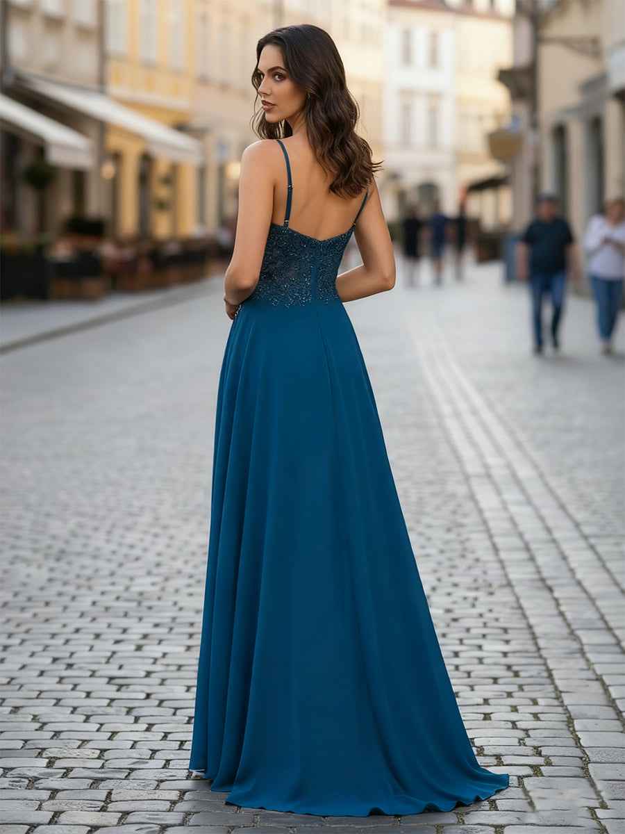 A Line V-Neck Appliques Lace Chiffon Corset Prom Dress with Slit