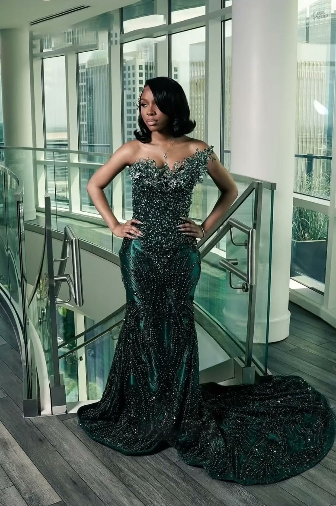 One shoulder Dark green Mermaid Sparkle Floor length Prom Dresses