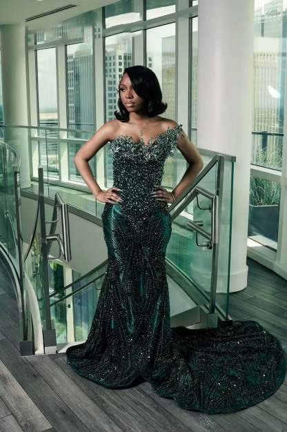 One shoulder Dark green Mermaid Sparkle Floor length Prom Dresses