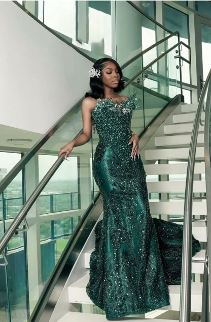 One shoulder Dark green Mermaid Sparkle Floor length Prom Dresses