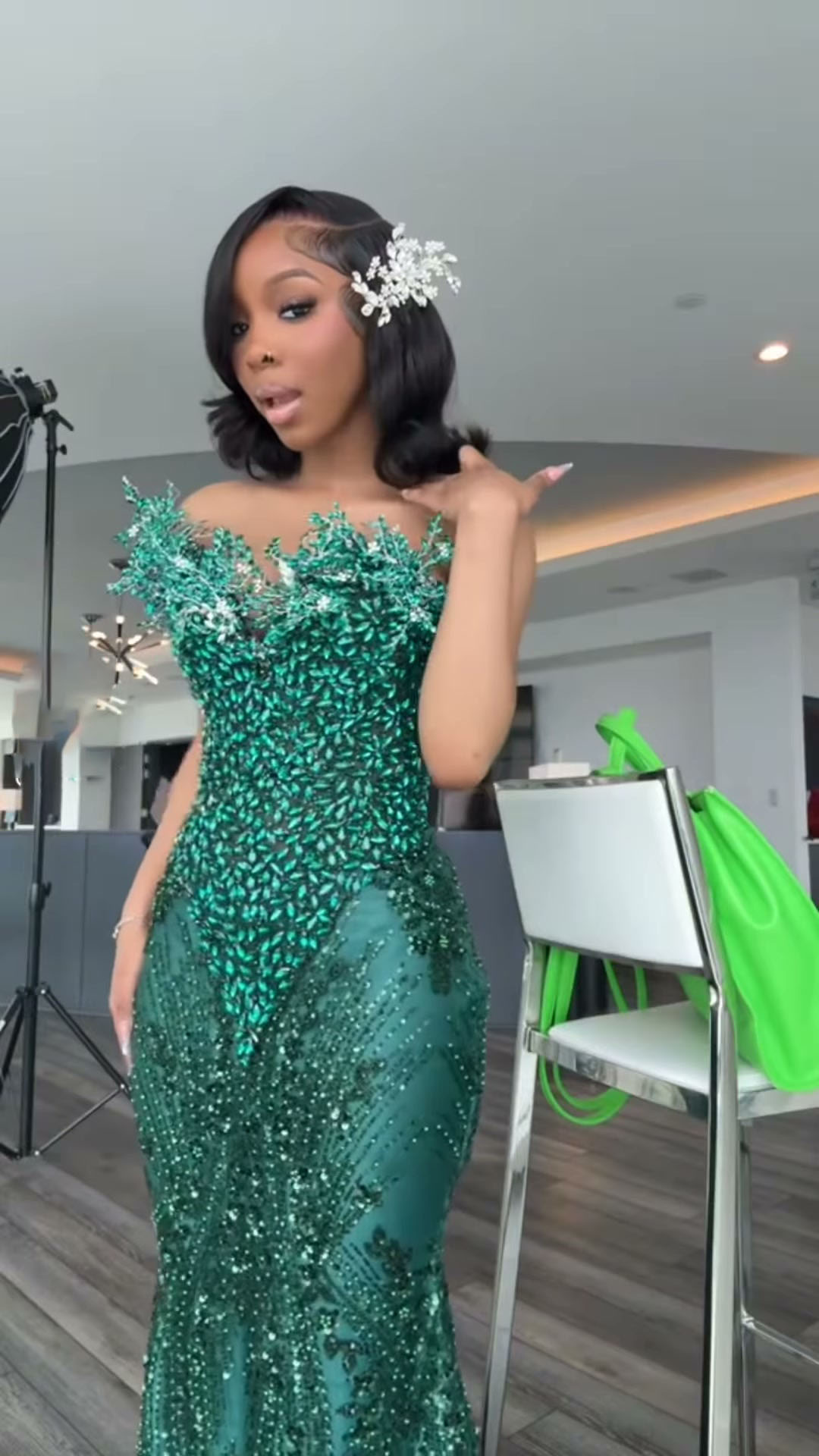 One shoulder Dark green Mermaid Sparkle Floor length Prom Dresses