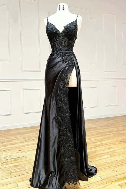Amazing Long Black V-neck Spaghetti Straps Lace Sleeveless Prom Dress With Slit-BMbridal.com