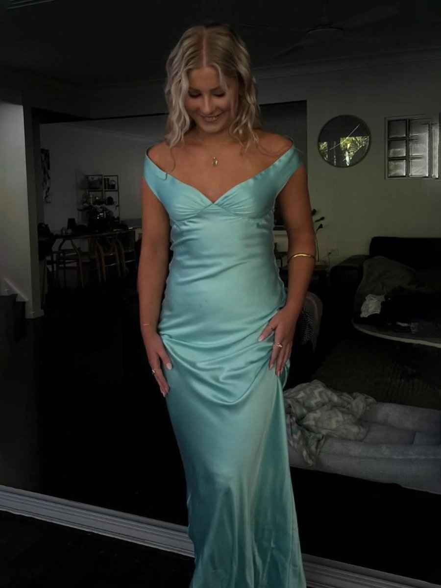 Aqua Mermaid Off The Shoulder Sheath Satin Long Prom Dress
