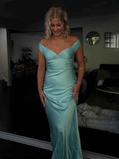 Aqua Mermaid Off The Shoulder Sheath Satin Long Prom Dress