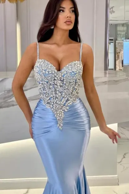 Attractive Long Mermaid Spaghetti Straps Lace Prom Evening Dresses with Train