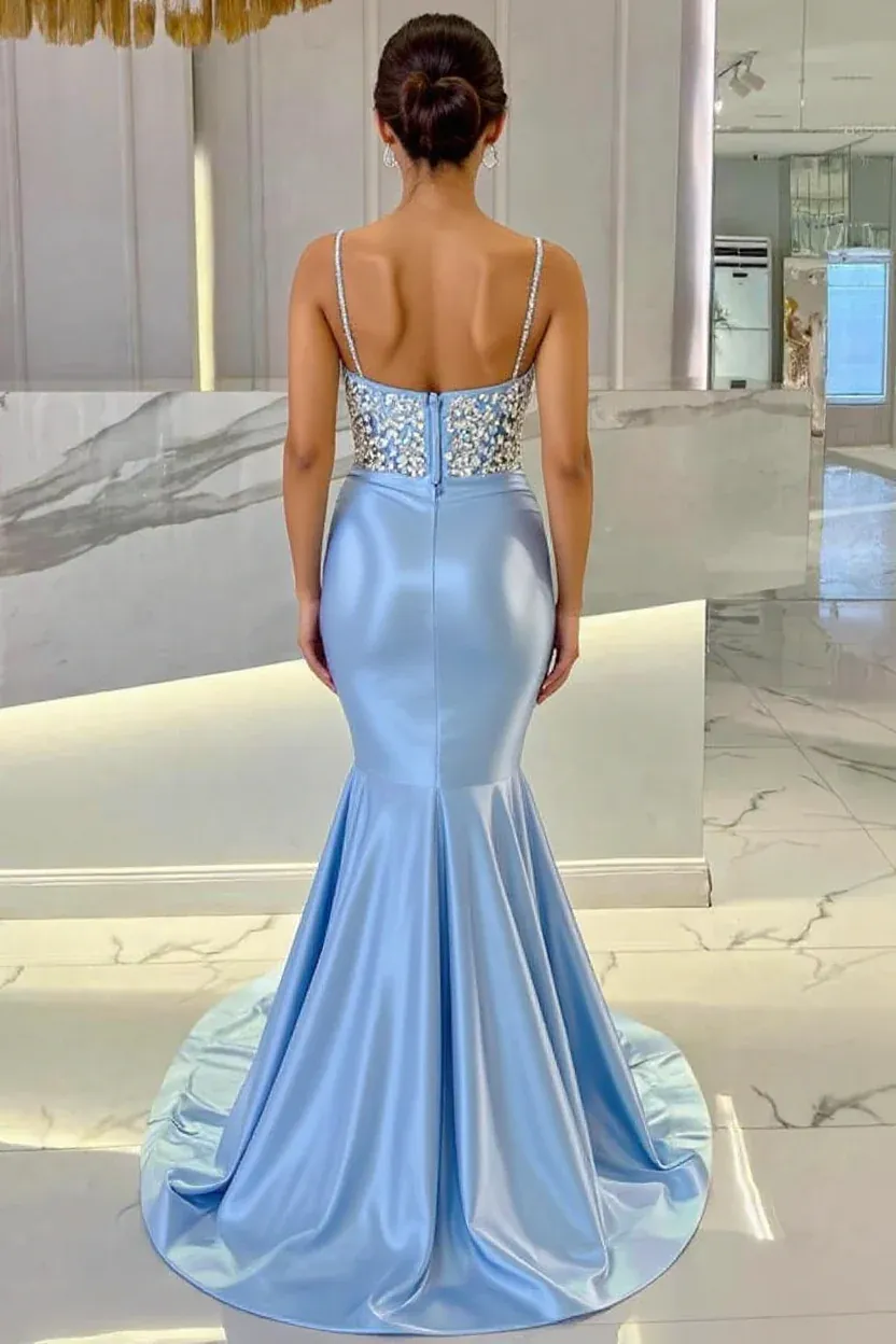 Attractive Long Mermaid Spaghetti Straps Lace Prom Evening Dresses with Train