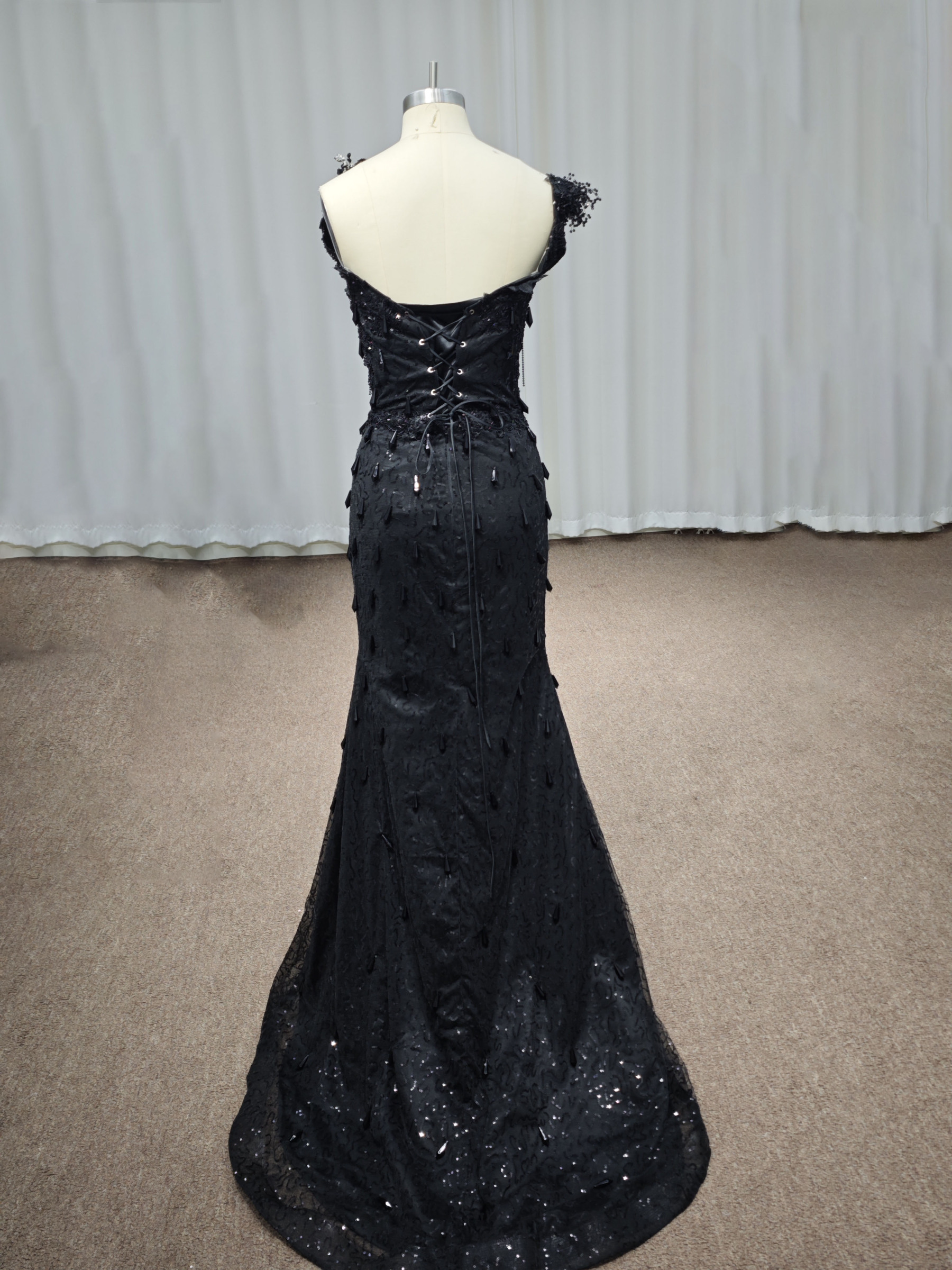 Luxury Black Sequin Mermaid Prom Dress – Illusion Corset Bodice with 3D Beaded Lace & Off-the-Shoulder Detail | 2026 Gothic Glamour Evening Collection