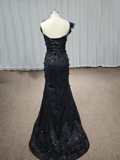 Luxury Black Sequin Mermaid Prom Dress – Illusion Corset Bodice with 3D Beaded Lace & Off-the-Shoulder Detail | 2026 Gothic Glamour Evening Collection