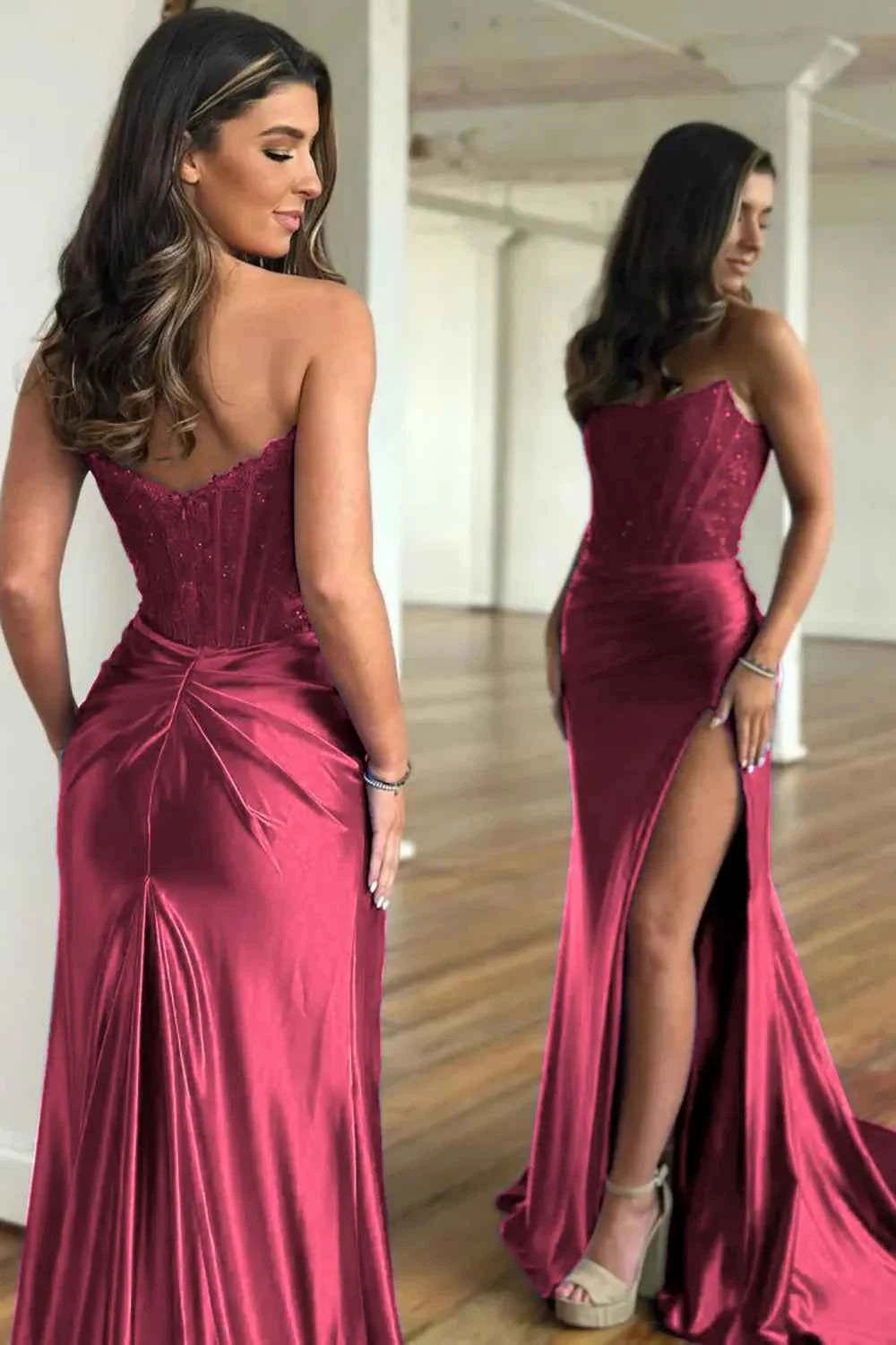 Fuchsia Strapless Corset Mermaid Long Satin Prom Dress with Slit