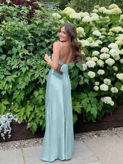 Blue A Line V-neck Beaded Back Tie Long Prom Dress