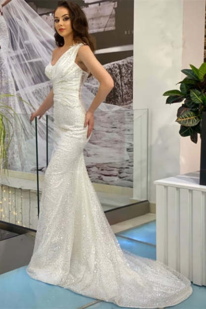 Beautiful Long White One Shoulder Sleeveless Mermaid Evening Dresses With Glitter-BMbridal.com