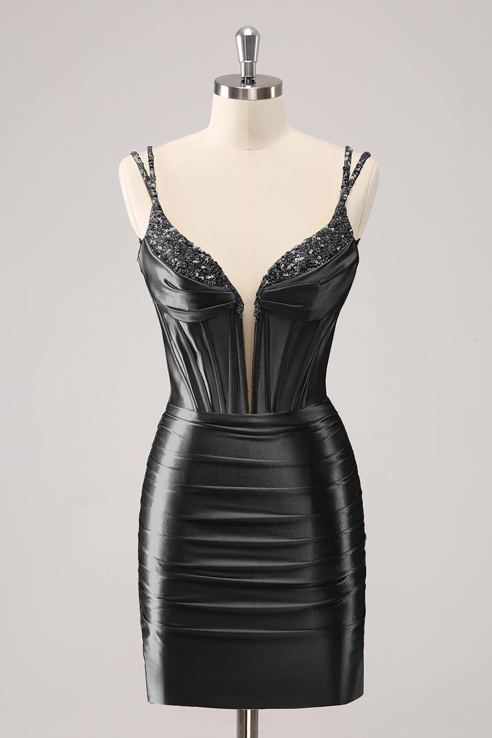 Sparkly Black Spaghetti Straps Tight Corset Homecoming Dress with Sequins