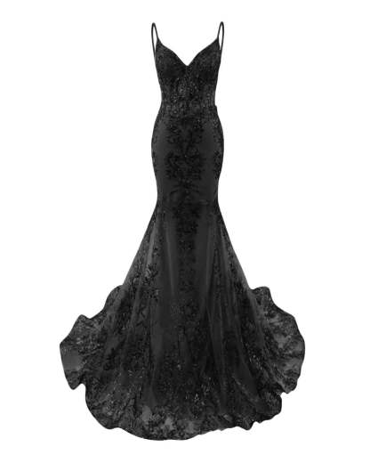 Trumpet/Mermaid Spaghetti Straps Sparkly Sequin Lace Applique Long Prom Dress