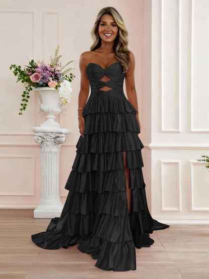 A Line Strapless Sweetheart Satin Prom Dress with Keyhole
