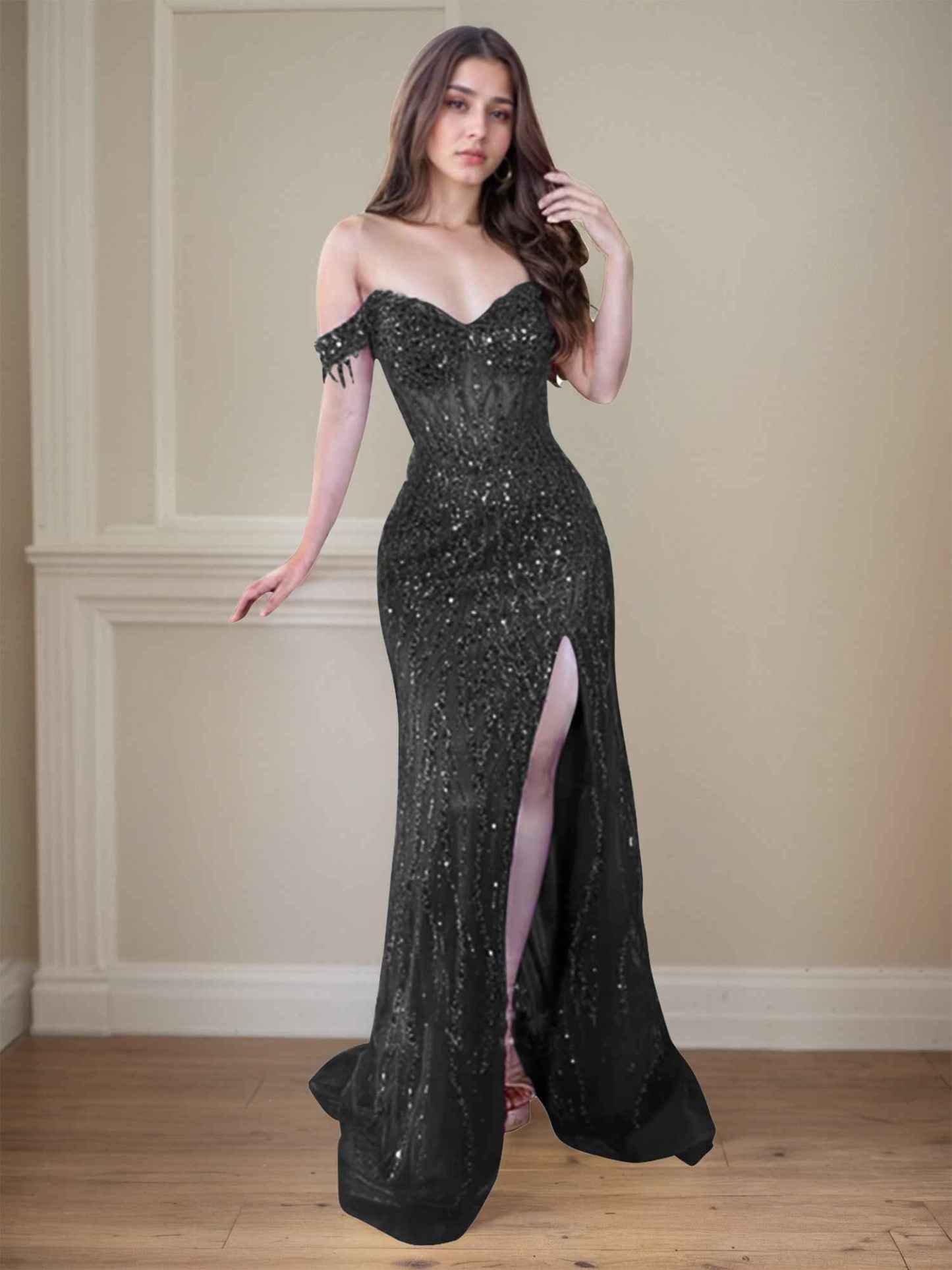 Red Off-the-Shoulder Beaded Tulle Long Prom Dress with Swirling Sequins