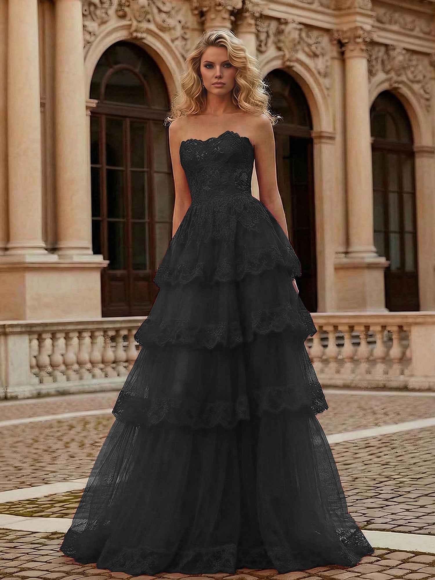 Red Tiered Tulle Strapless Lace Bodice A-Line Long Prom Dress