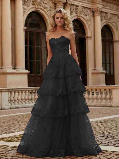 Red Tiered Tulle Strapless Lace Bodice A-Line Long Prom Dress