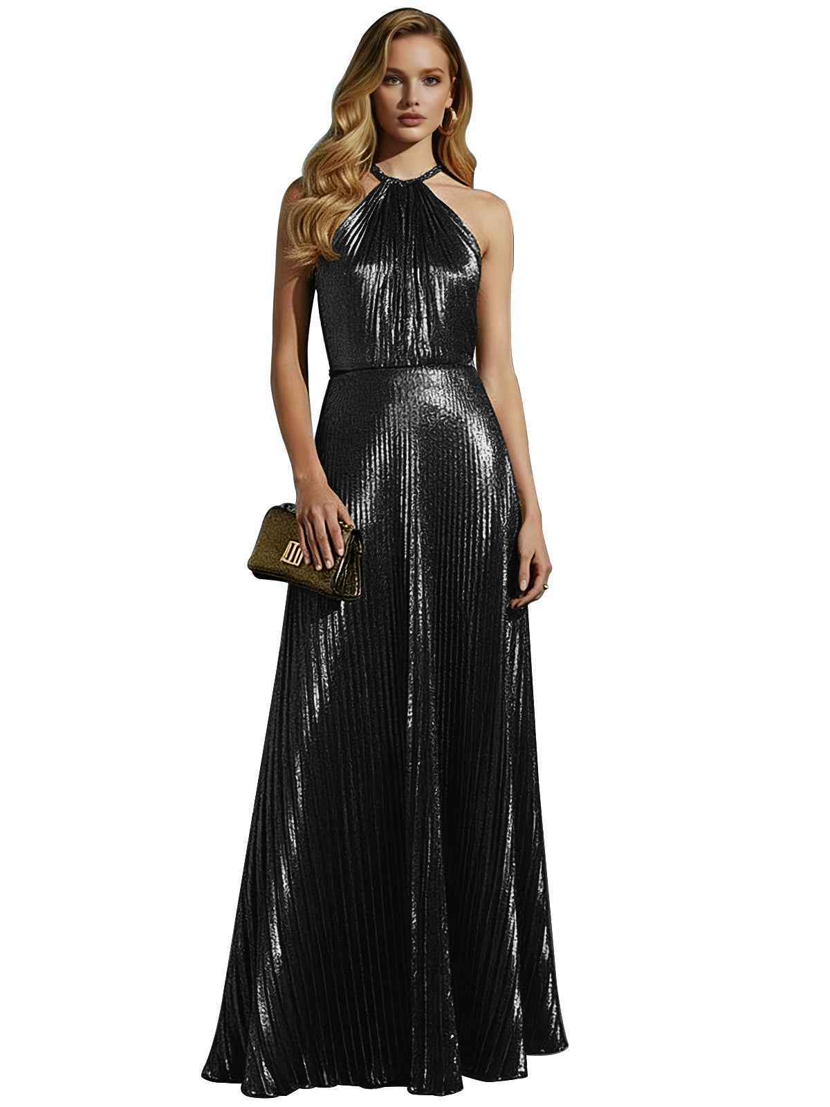 Luxurious Champagne-Gold Pleated Halter Long Prom Dress