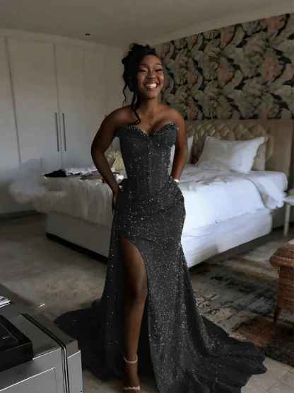Glitter Strapless Mermaid Sequined Long Prom Dress with Slit