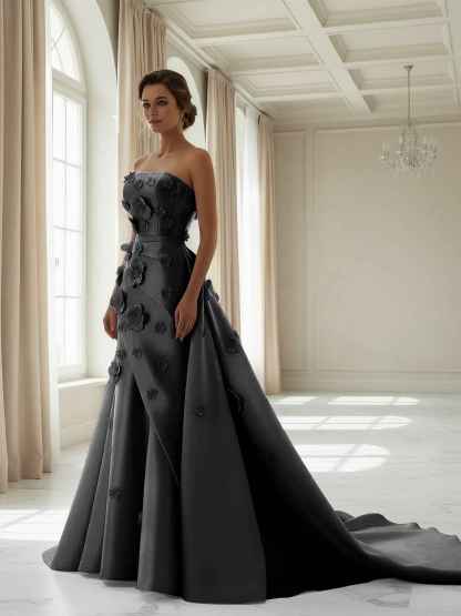 Pink A Line Satin Strapless Prom Dress with 3D Floral Appliques