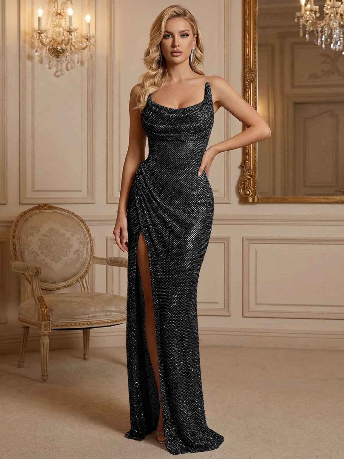 Silver Sequin Cowl Neck Ruched Long Prom Dress with High Slit