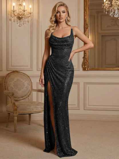 Silver Sequin Cowl Neck Ruched Long Prom Dress with High Slit
