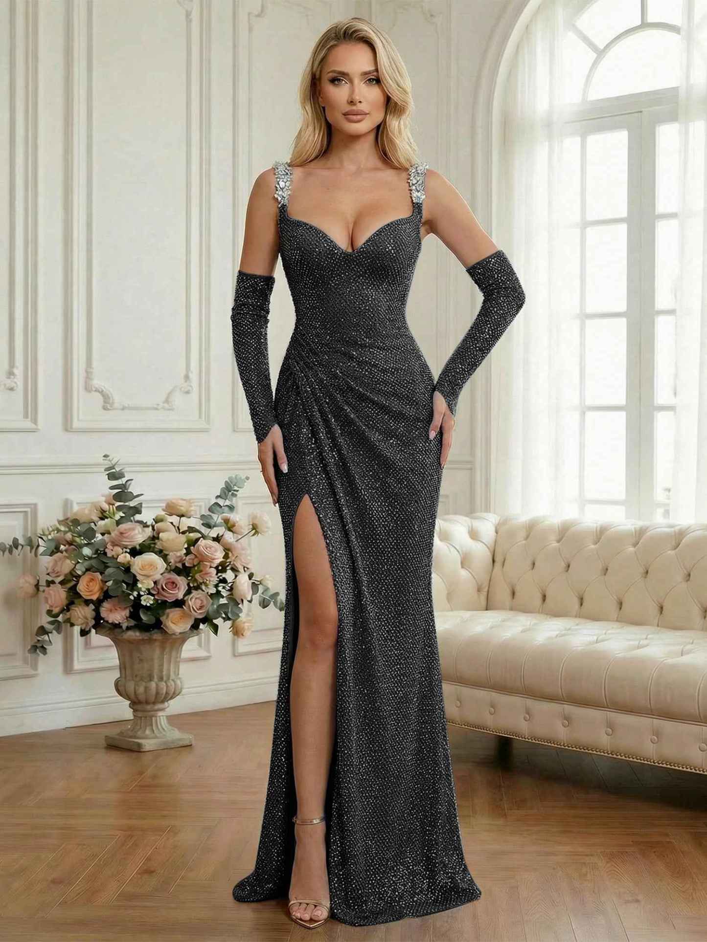 Light Blue Sequin Mermaid Matching Opera Gloves Long Prom Dress with Slit