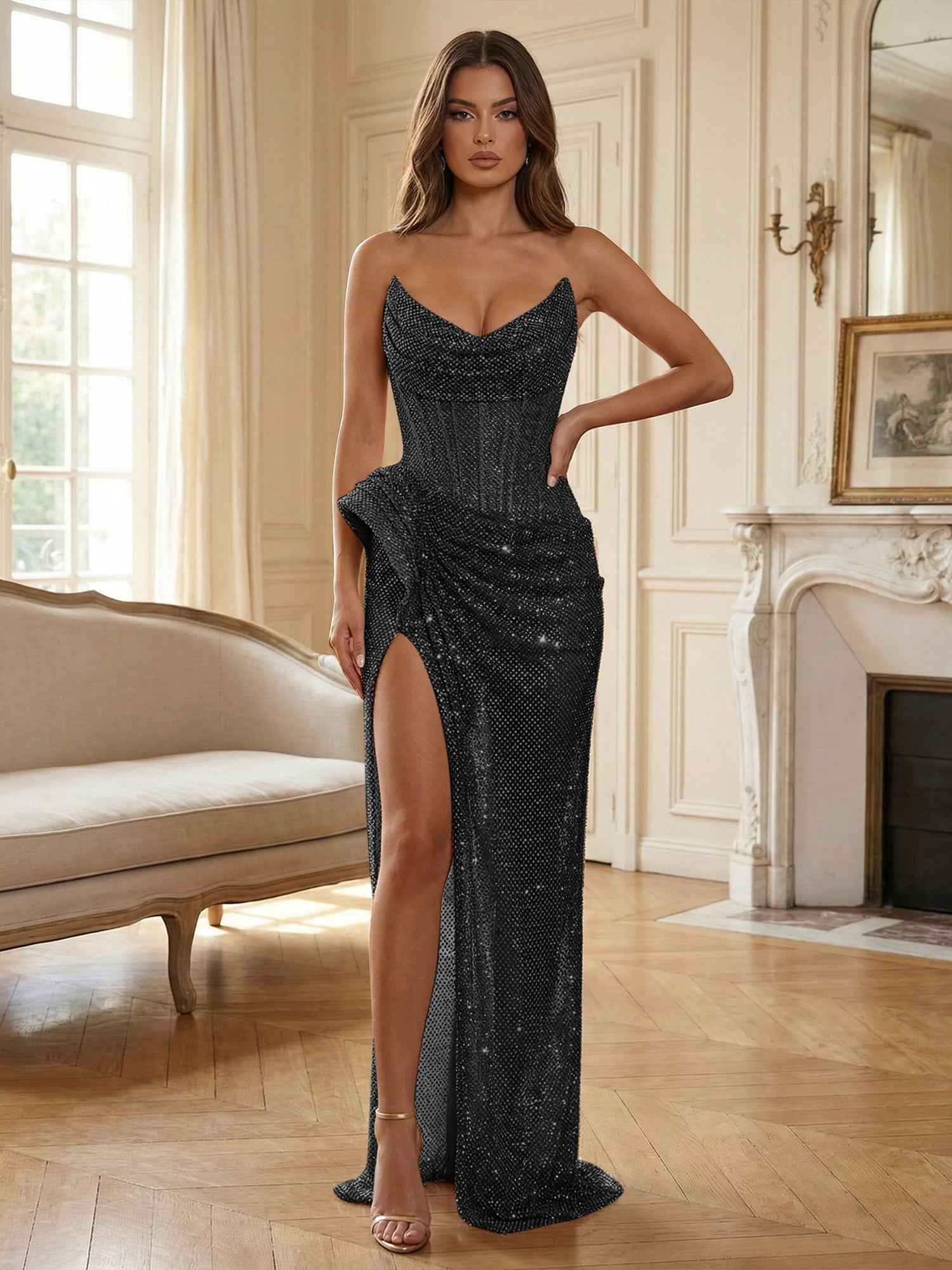 Champagne Gold Crystal-Embellished Corset Long Prom Dress with Slit