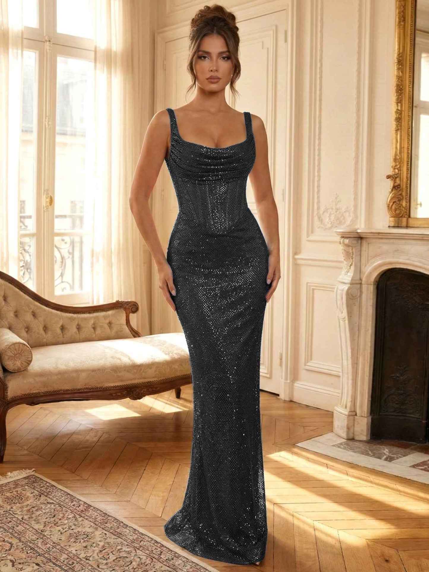Sparkly Blue Shimmer Cowl Neck Corset Prom Dress
