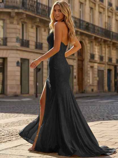 Yellow Beaded Halter Corset Prom Dress with High Slit