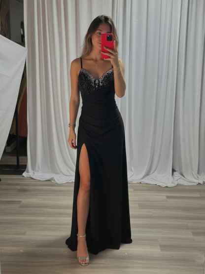 Beaded V Neck Corset Bodice Long Prom Dress with Slit
