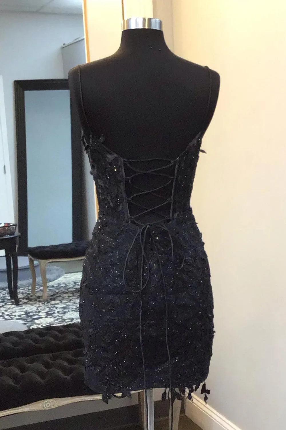 Black Spaghetti Straps Bodycon Corset Short Homecoming Dress with Appliques