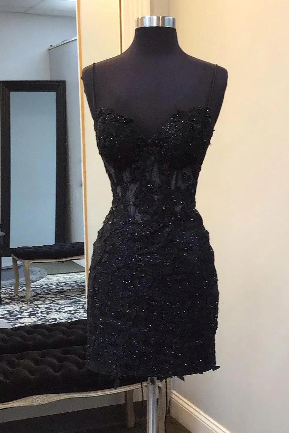 Black Spaghetti Straps Bodycon Corset Short Homecoming Dress with Appliques